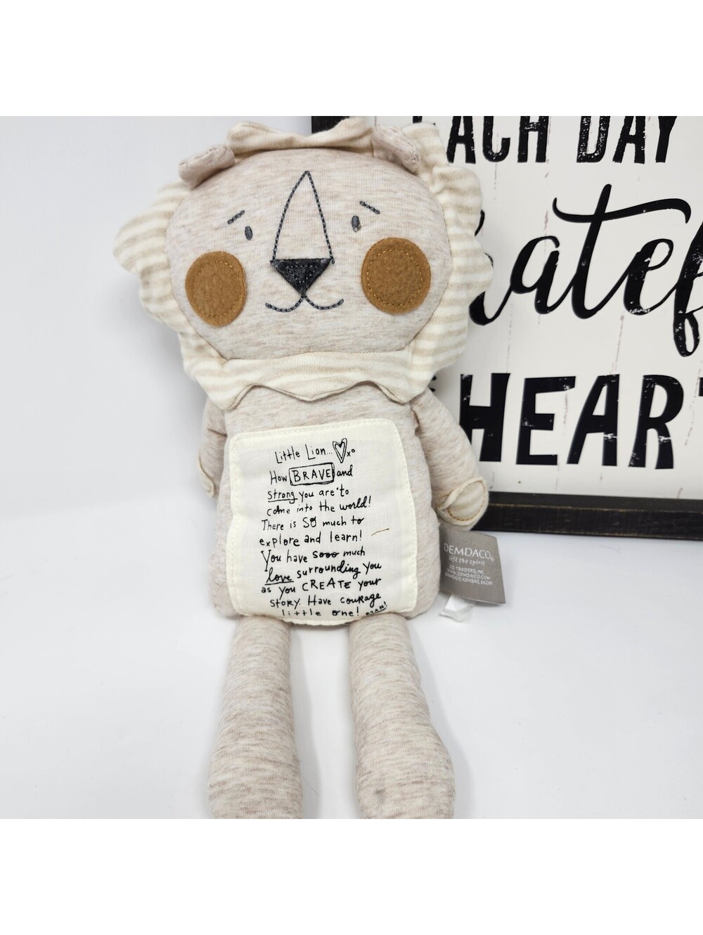 DEMDACO Little Lion Plush Stuffed Animal Brave Strong Message 15" Like New